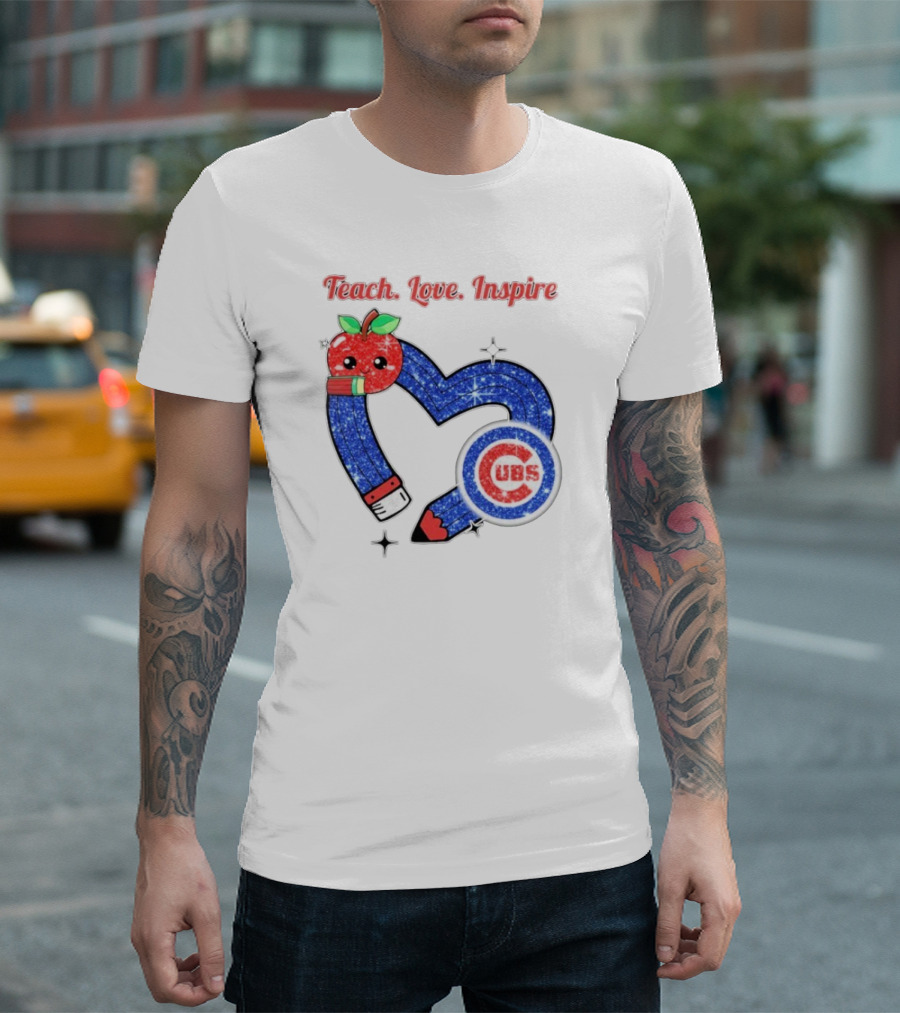 Chicago Cubs Teach Love Inspire Apple Pencil Heart T-Shirt