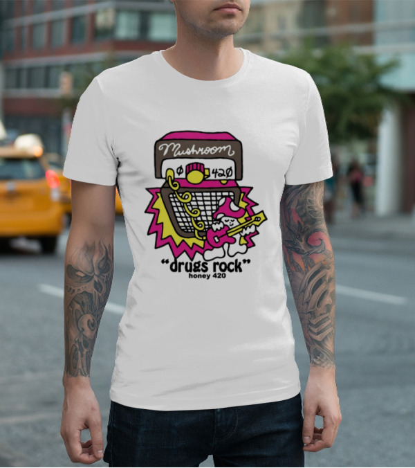 Drugs Rock Honey 420 Guitar Amp Bold Neon Art Style T-Shirt