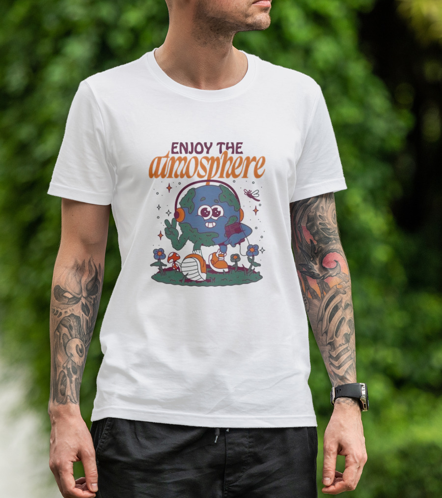 Enjoy The Atmosphere Planet Earth Headphones Peace Flowers T-Shirt