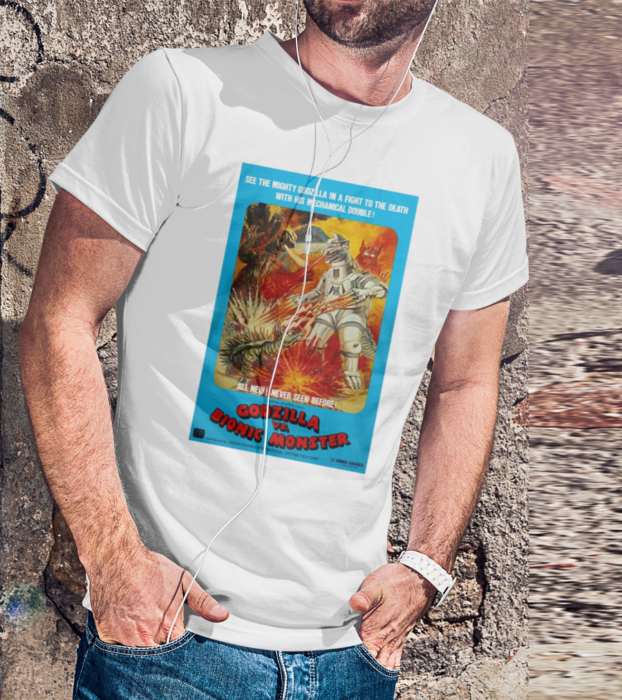 SEE THE MIGHTY GODZILLA IN A FIGHT TO THE DEATH WITH HIS MECHANICAL DOUBLE GODZILLA VS. BIONIC MONSTER CINEMA SHARES INTERNATIONAL T-Shirt