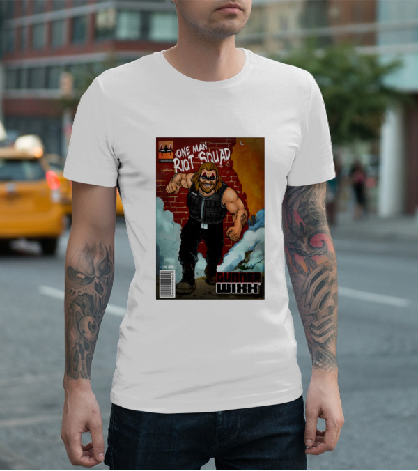 One Man Riot Squad Comic Cover Gunner Wixx Face Paint Featuring Champion Branding T-Shirt