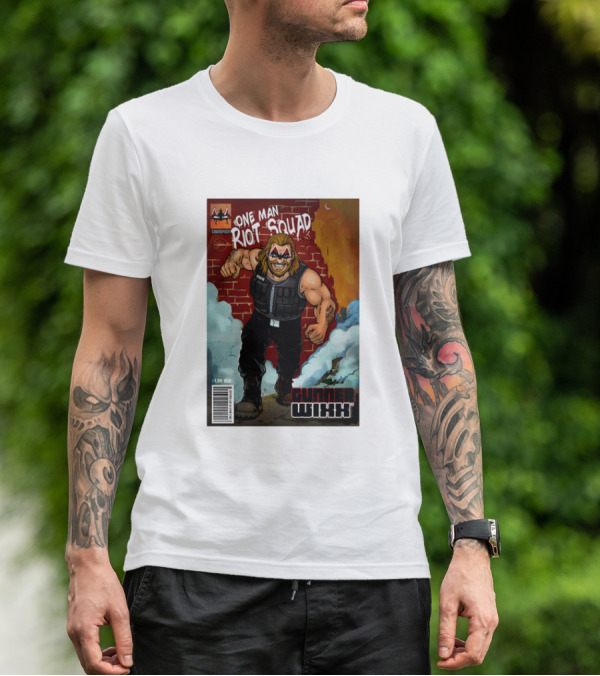 One Man Riot Squad Comic Cover Gunner Wixx Face Paint Featuring Champion Branding T-Shirt