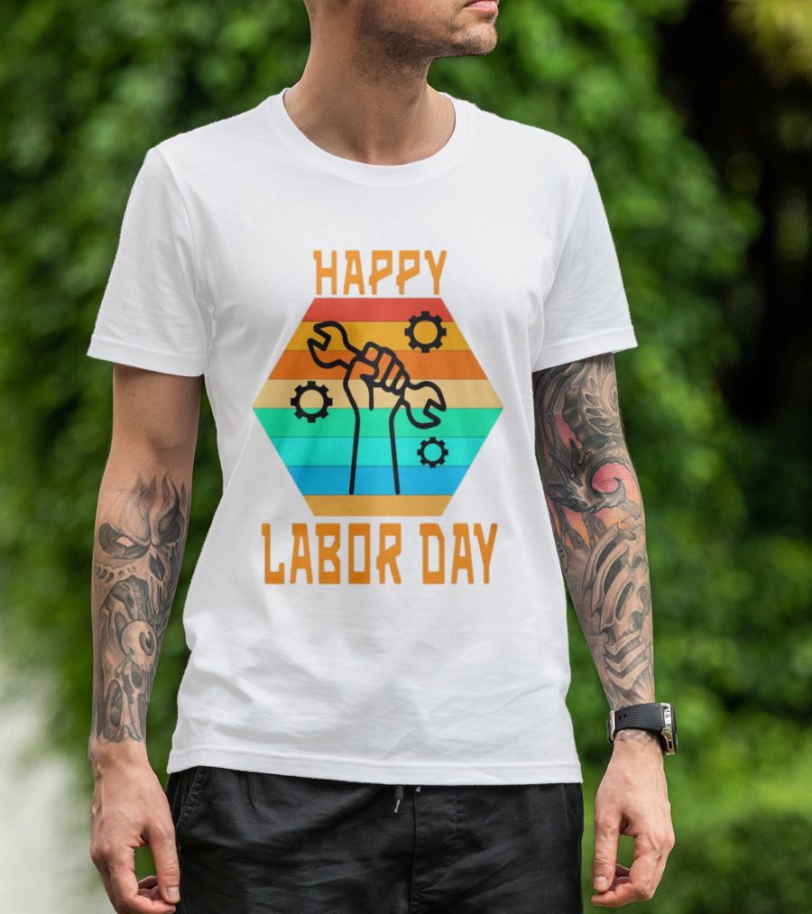 Colorful Wrench Fist Gear Happy Labor Day T-Shirt