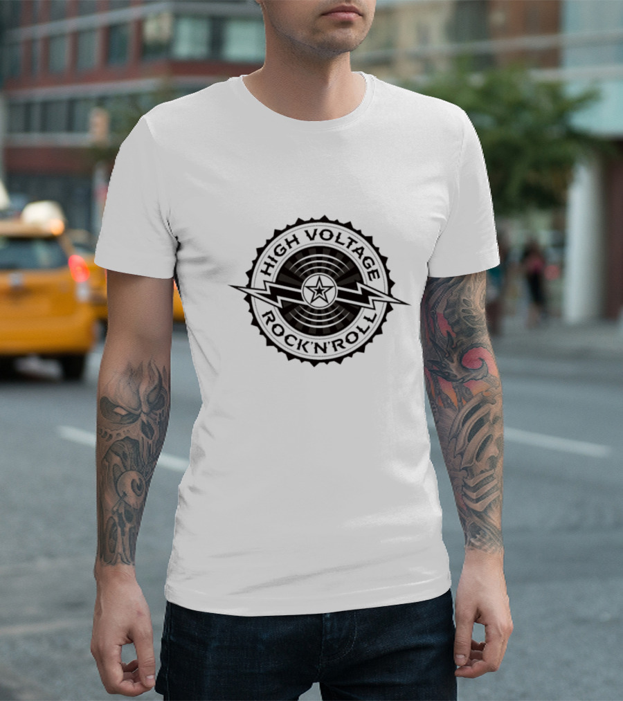 High Voltage Rock N Roll Starburst Lightning Bolt Emblem T-Shirt