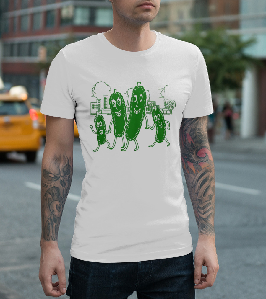 Vintage Pickle Family with Cityscape Background Vintage T-Shirt