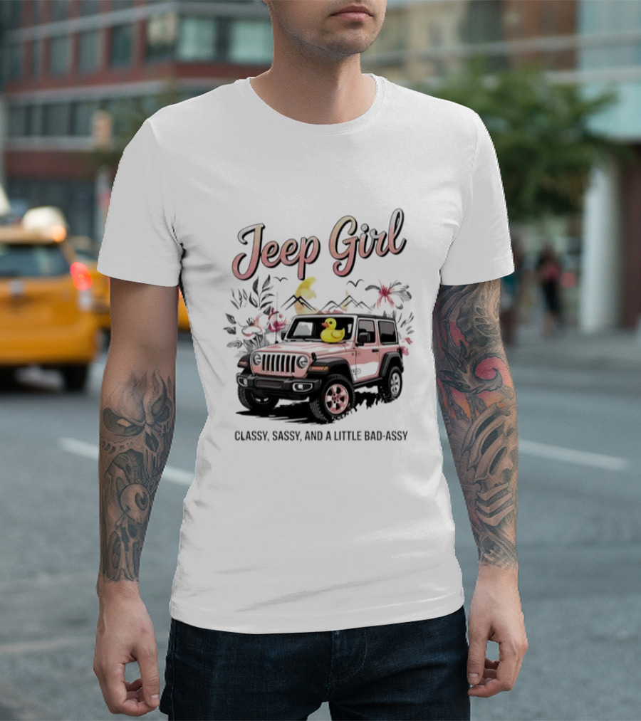 Jeep Girl Classy Sassy and Little Bad-Assy Pink Jeep Rubber Duck Floral Bunnies T-Shirt
