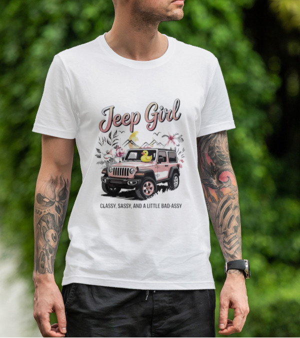 Jeep Girl Classy Sassy And Little Bad-Assy Pink Jeep Rubber Duck Floral Bunnies T-Shirt
