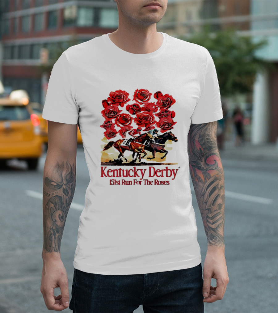 Kentucky Derby 151st Run for the Roses with Horses and Red Roses T-Shirt