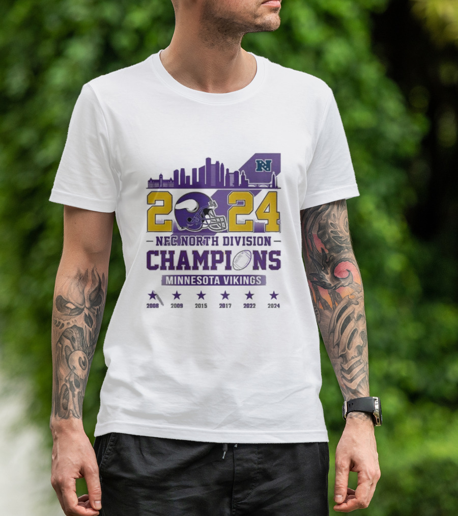 Minnesota Vikings 2024 NFC North Division Champions Skyline Helmet T-Shirt