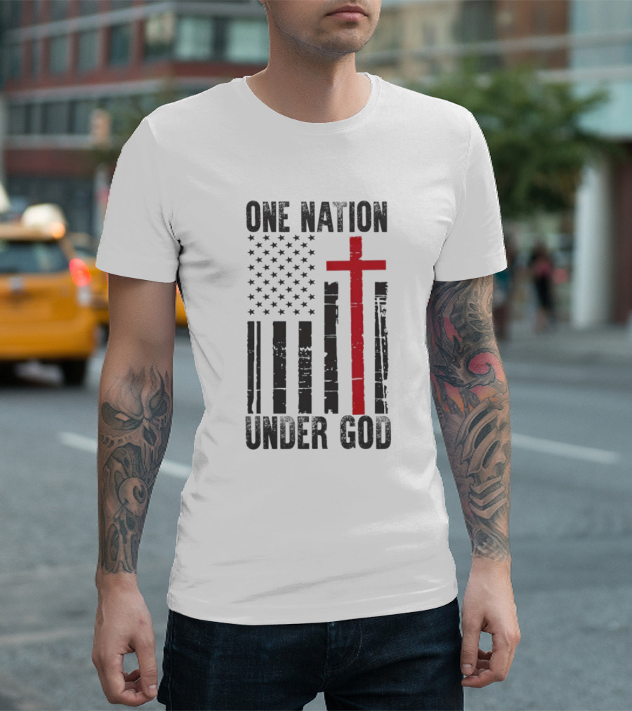 One Nation Under God American Flag Cross Design T-Shirt