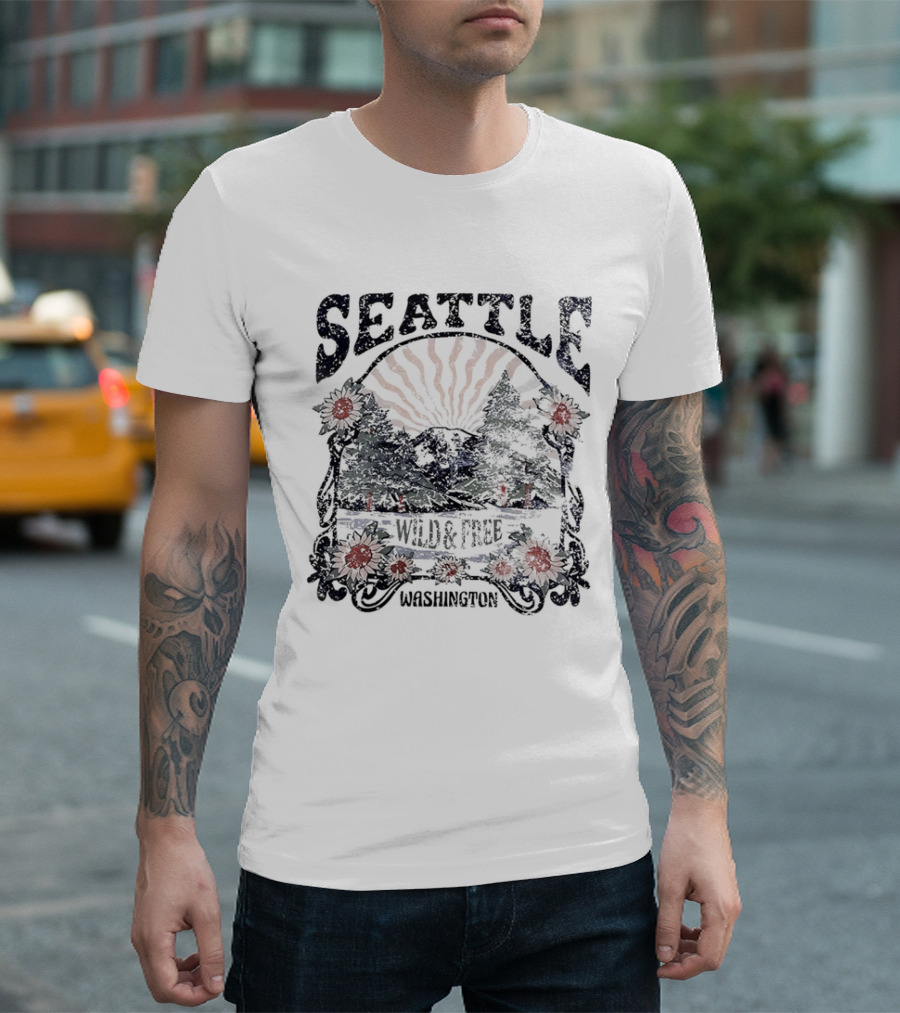 Seattle Washington Wild And Free Sunrise Trees Flowers T-Shirt