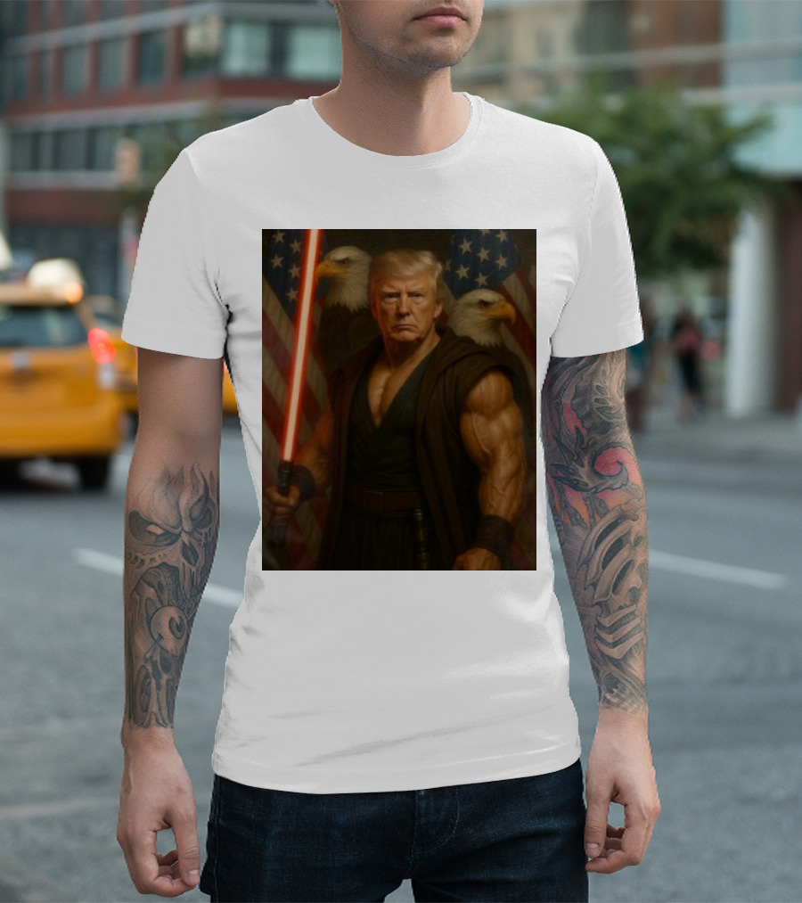 Trump Jedi Warrior with Lightsaber and Eagles in Front of American Flags T-Shirt