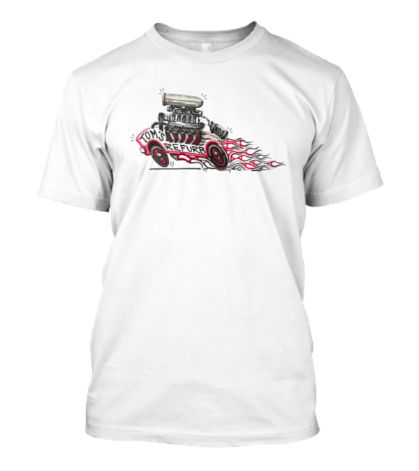 Tom’s Refurb Hot Rod Car Illustration Flames And Engine Art T-Shirt