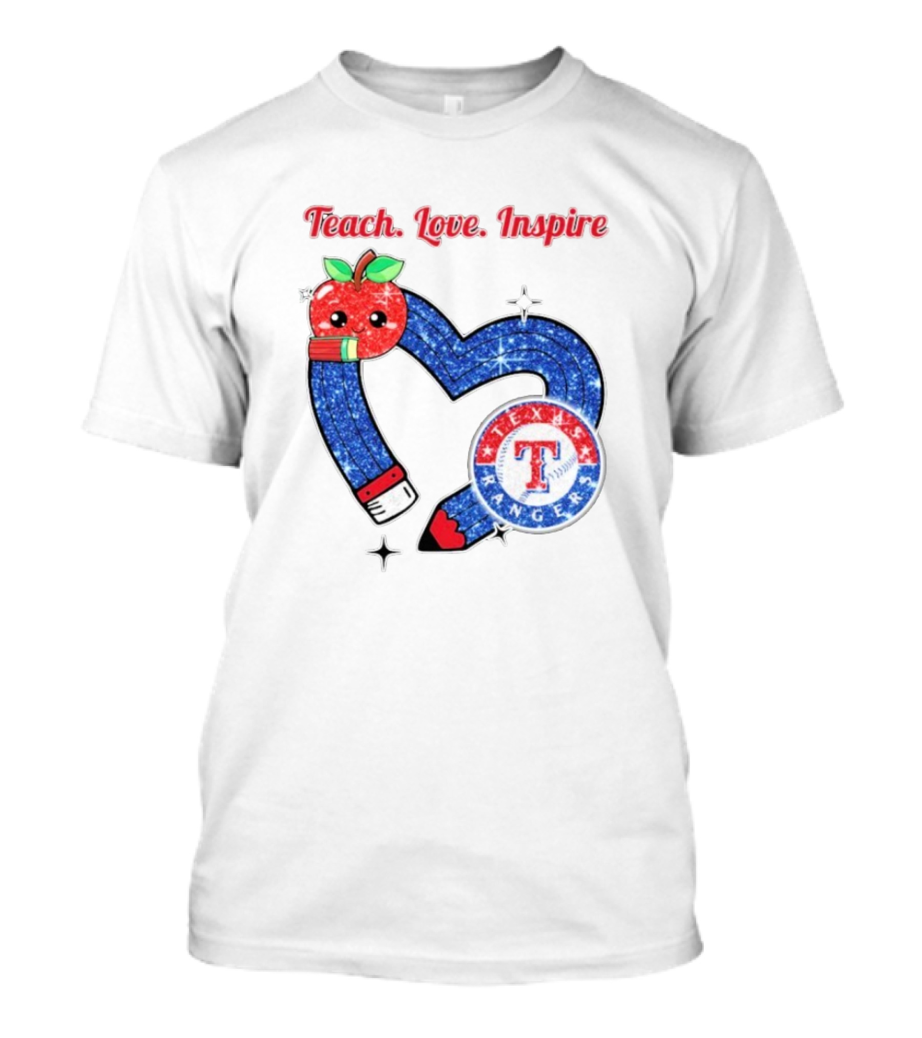 Texas Rangers Sparkling Heart Apple Pencil Teach Love Inspire T-Shirt