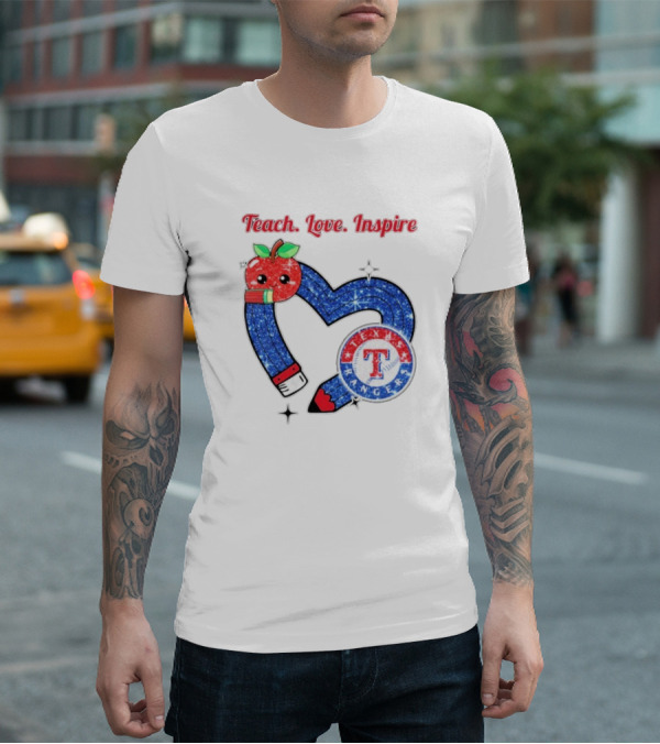 Texas Rangers Sparkling Heart Apple Pencil Teach Love Inspire T-Shirt