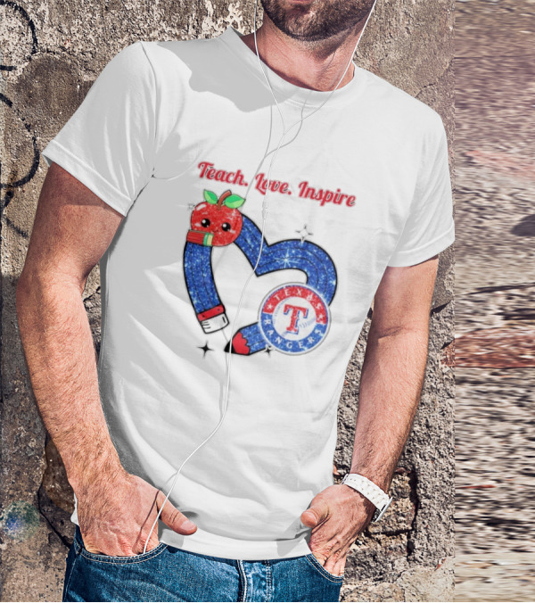 Texas Rangers Sparkling Heart Apple Pencil Teach Love Inspire T-Shirt