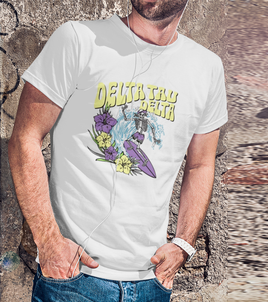 Delta Tau Delta Ride The Wave Skeleton Surfing With Floral Accents T-Shirt