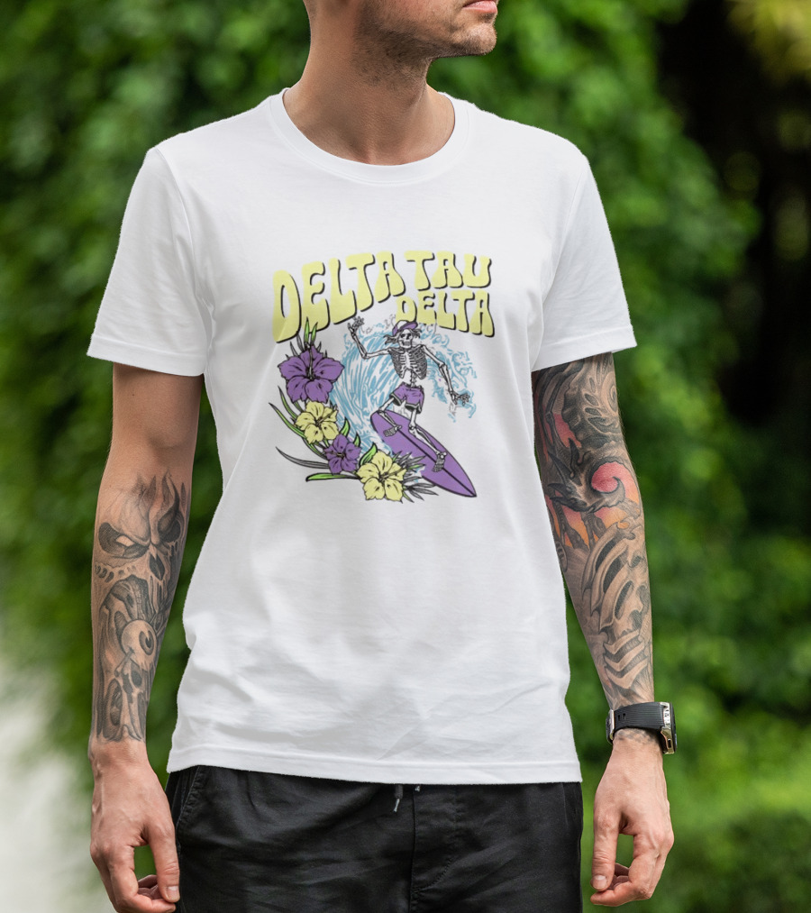 Delta Tau Delta Ride The Wave Skeleton Surfing With Floral Accents T-Shirt