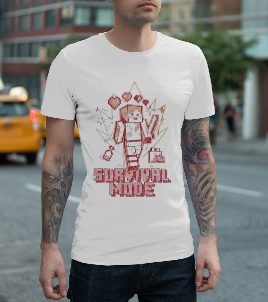 Survival Mode Game Pixel Art Character with Hearts and Tools T-Shirt