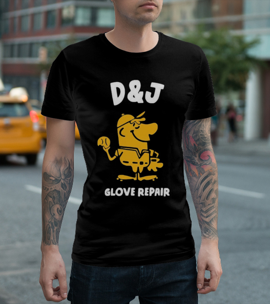 D&J Glove Repair Baseball Character with Cap and Ball T-Shirt