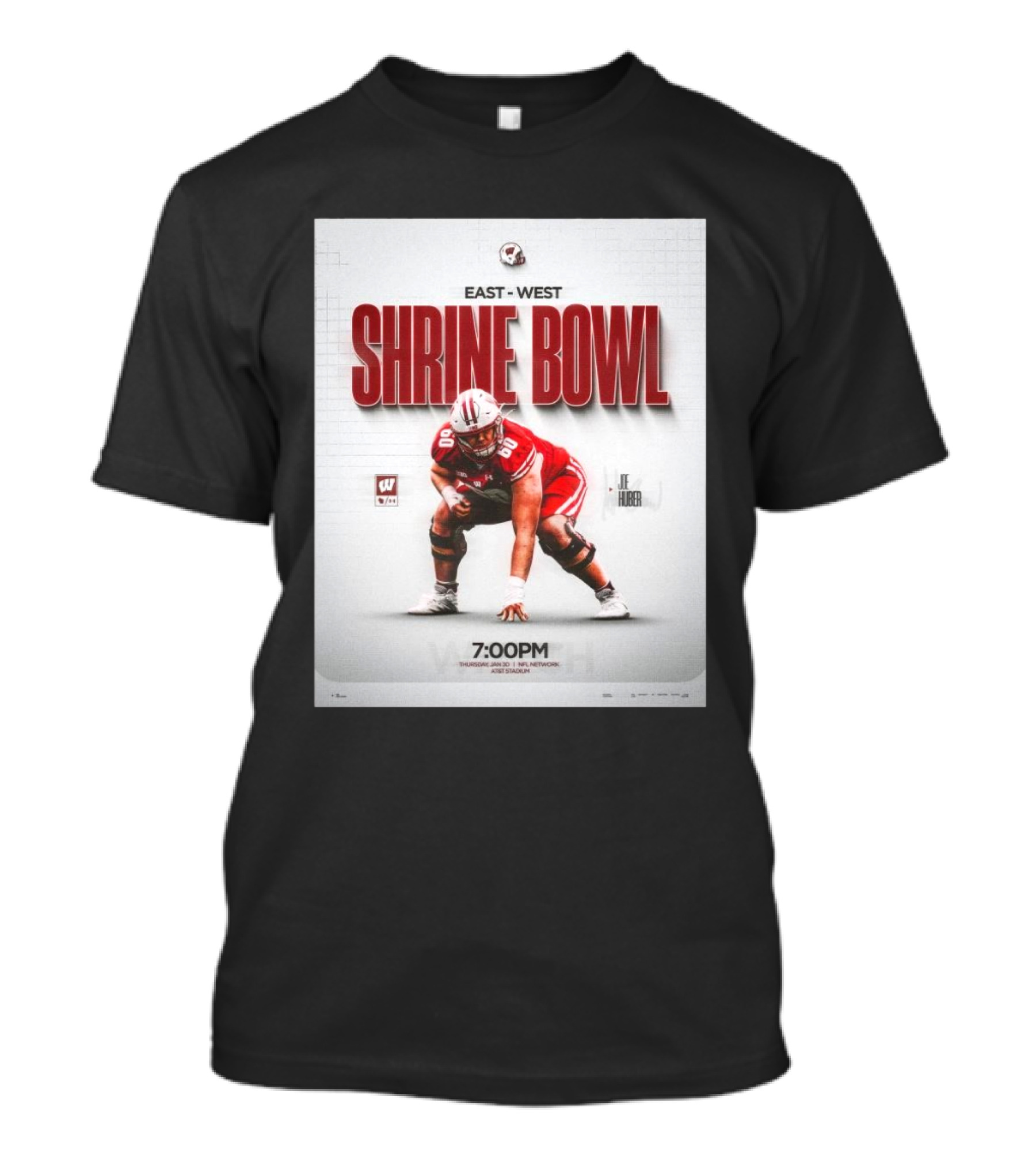 Joe Huber Wisconsin Badgers East-West Shrine Bowl Thursday Jan 30 NFL Network ASU Stadium T-Shirt