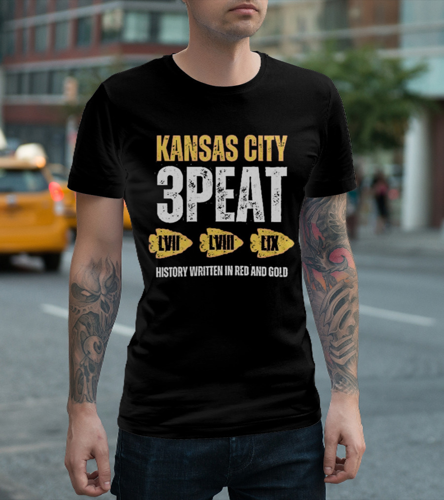 Kansas City 3-Peat LVII LVIII LIX History Written In Red And Gold T-Shirt