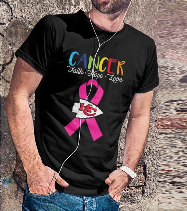Kansas City Chiefs Pink Ribbon Cancer Faith Hope Love 2025 T-Shirt
