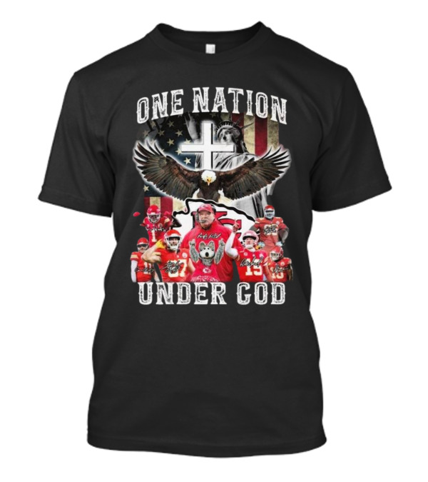Kansas City Chiefs One Nation Under God 2025 Signatures Statue Of Liberty And Eagle T-Shirt