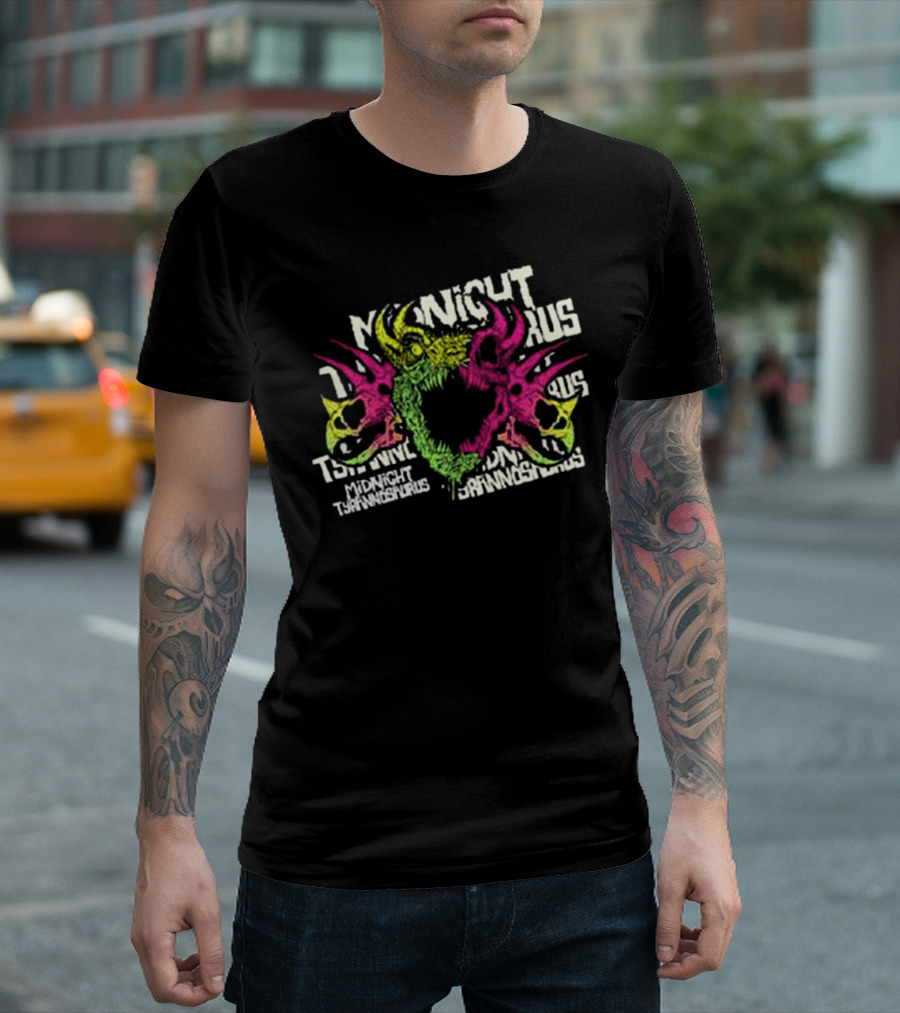 KT8 Midnight Tyrannosaurus Neon Pink Green Skull Illustration T-Shirt