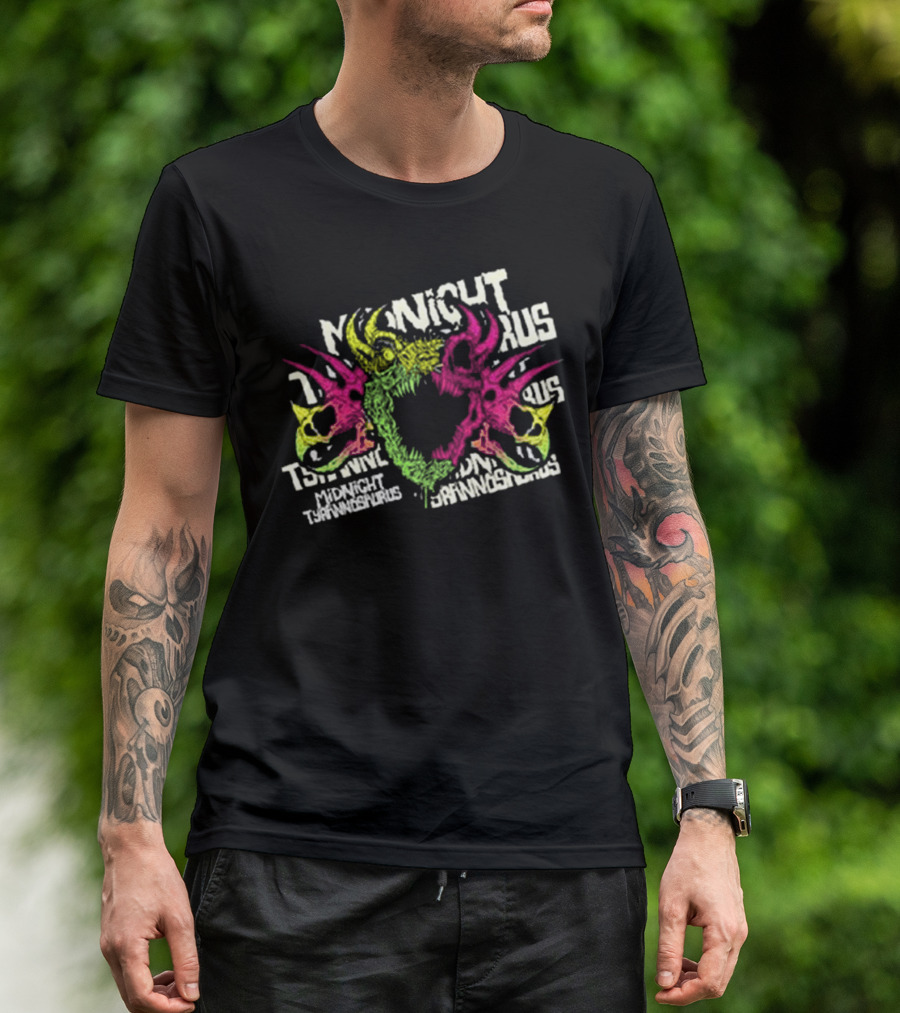 KT8 Midnight Tyrannosaurus Neon Pink Green Skull Illustration T-Shirt