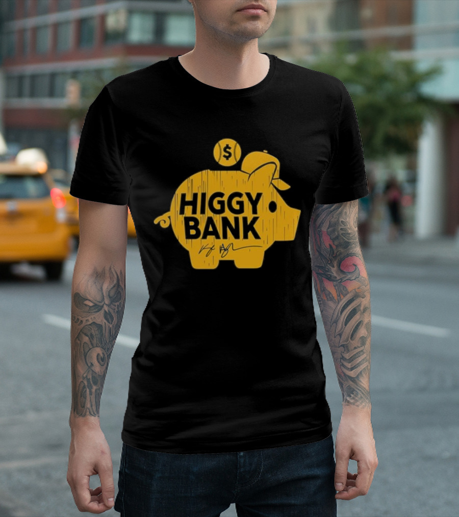 Higgy Bank Piggy Bank Graphic Baseball Theme with Signature and Dollar Sign T-Shirt