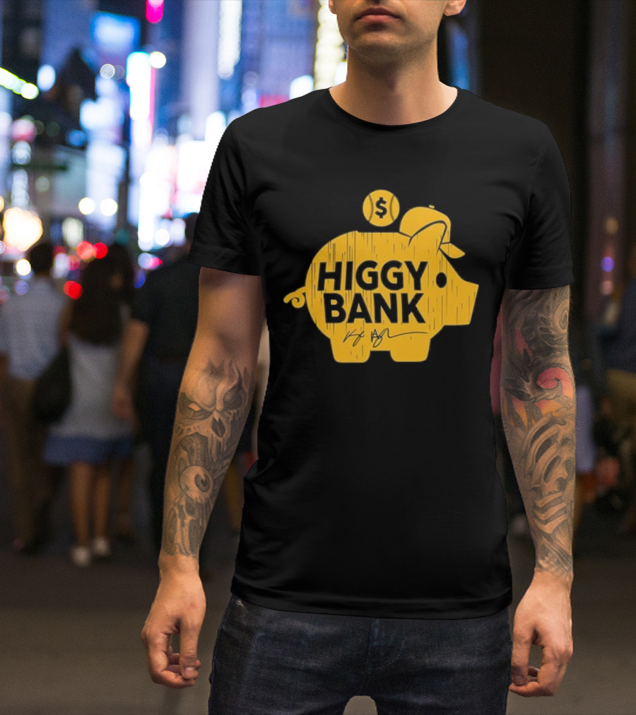 Higgy Bank Piggy Bank Graphic Baseball Theme With Signature And Dollar Sign T-Shirt