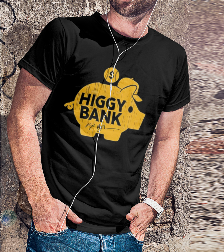 Higgy Bank Piggy Bank Graphic Baseball Theme With Signature And Dollar Sign T-Shirt