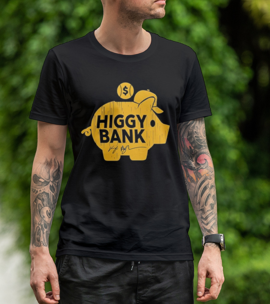 Higgy Bank Piggy Bank Graphic Baseball Theme With Signature And Dollar Sign T-Shirt
