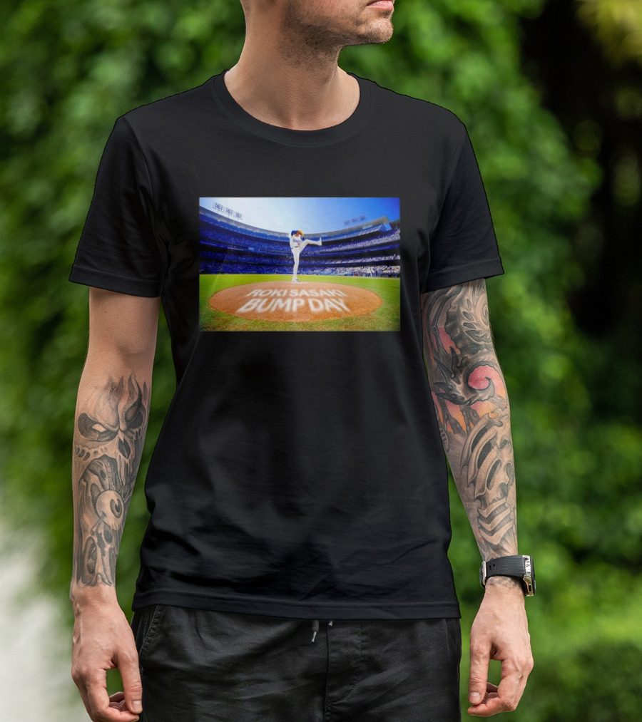 Los Angeles Dodgers Roki Sasaki Pitching Action Bump Day Celebration T-Shirt