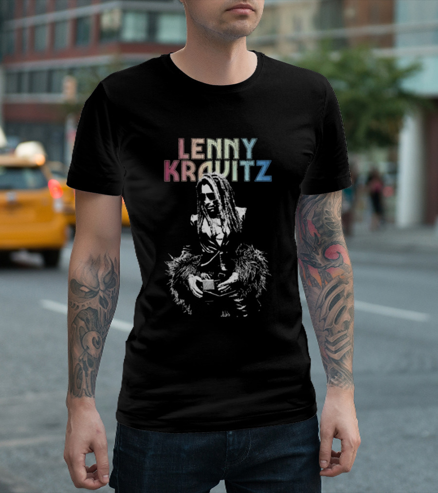 Lenny Kravitz Monochrome Portrait With Rainbow Letters T-Shirt