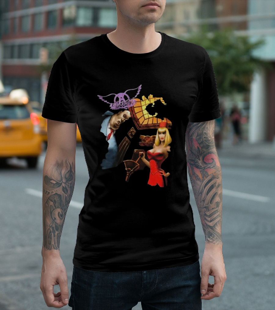 Aerosmith Love in an Elevator Cartoon Artwork with Woman in Red Dress and Man in Suit T-Shirt