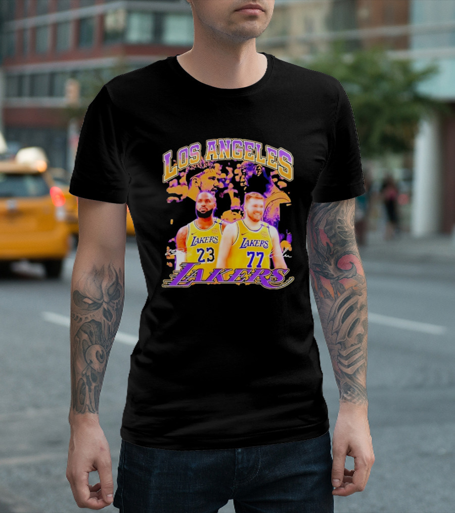 Los Angeles Lakers Luka Doncic LeBron James 23 77 Collaboration T-Shirt