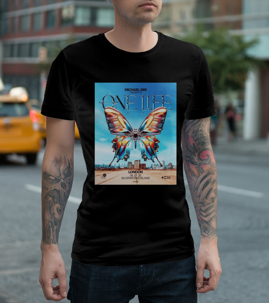 Michael Bibi Presents One Life London 05 07 2025 Butterfly Silverworks Island Royal Docks T-Shirt