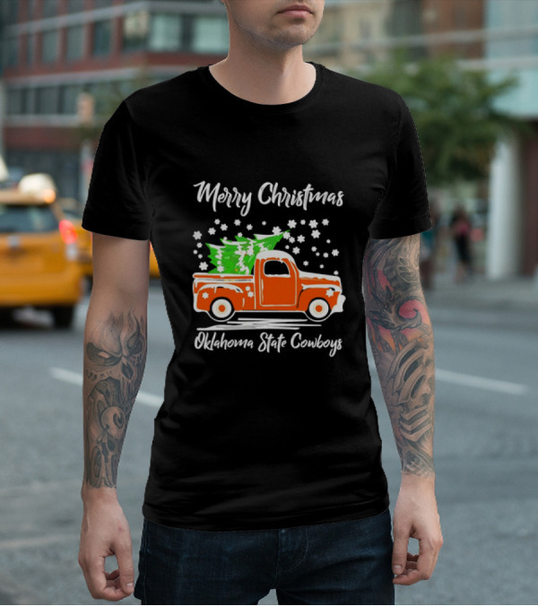 Merry Christmas Oklahoma State Cowboys Orange Truck Snowflakes Green Trees T-Shirt