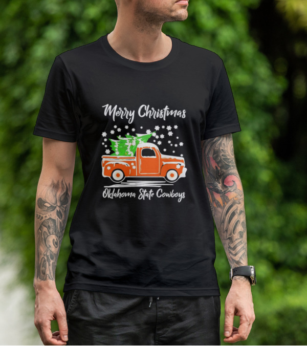 Merry Christmas Oklahoma State Cowboys Orange Truck Snowflakes Green Trees T-Shirt