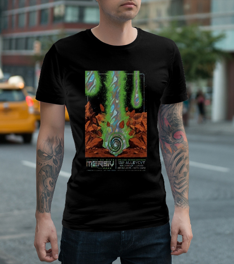 Attack On Mars Mersiv April 4 2025 Red Rocks Amphitheatre Special Guest ALLEYCVT Mr. Carmack Lumasi Zen Selekta Seth David T-Shirt