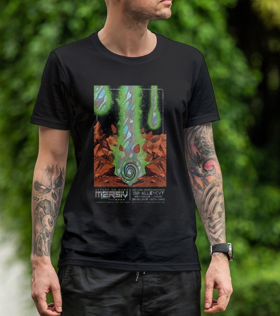 Attack On Mars Mersiv April 4 2025 Red Rocks Amphitheatre Special Guest ALLEYCVT Mr. Carmack Lumasi Zen Selekta Seth David T-Shirt