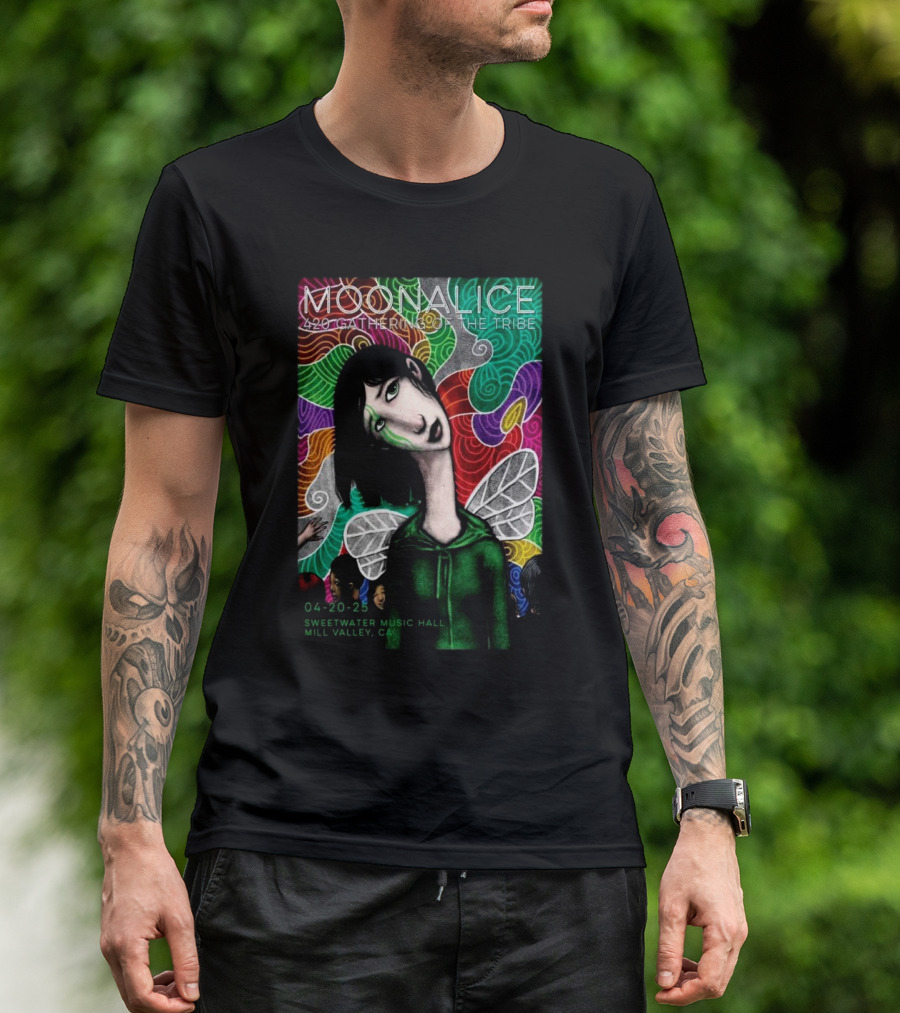 MOONALICE 420 Gathering Of The Tribe 04-20-2025 Sweetwater Music Hall Mill Valley CA Colorful Psychedelic Art With Winged Character T-Shirt