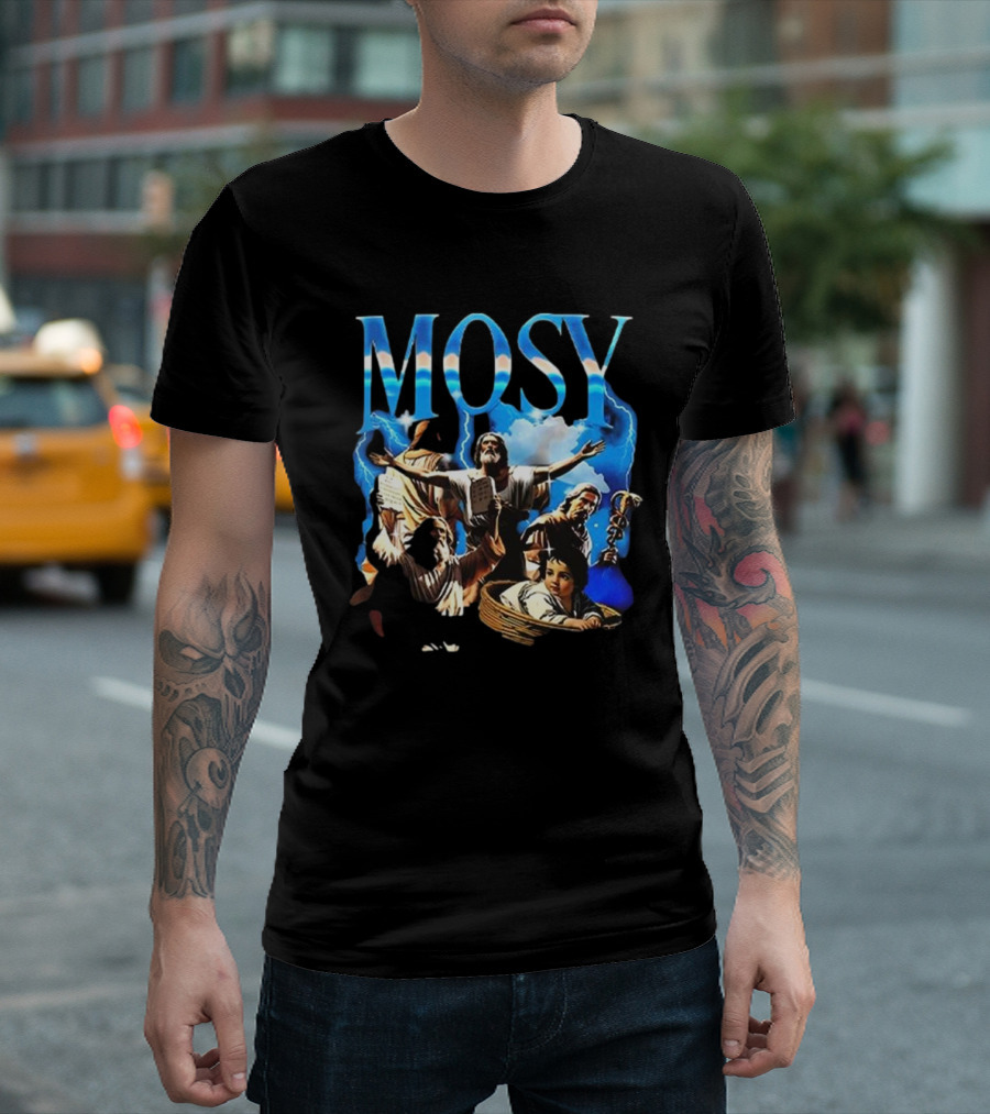 Mosy Moses Biblical Imagery With Lightning Clouds And Figures T-Shirt