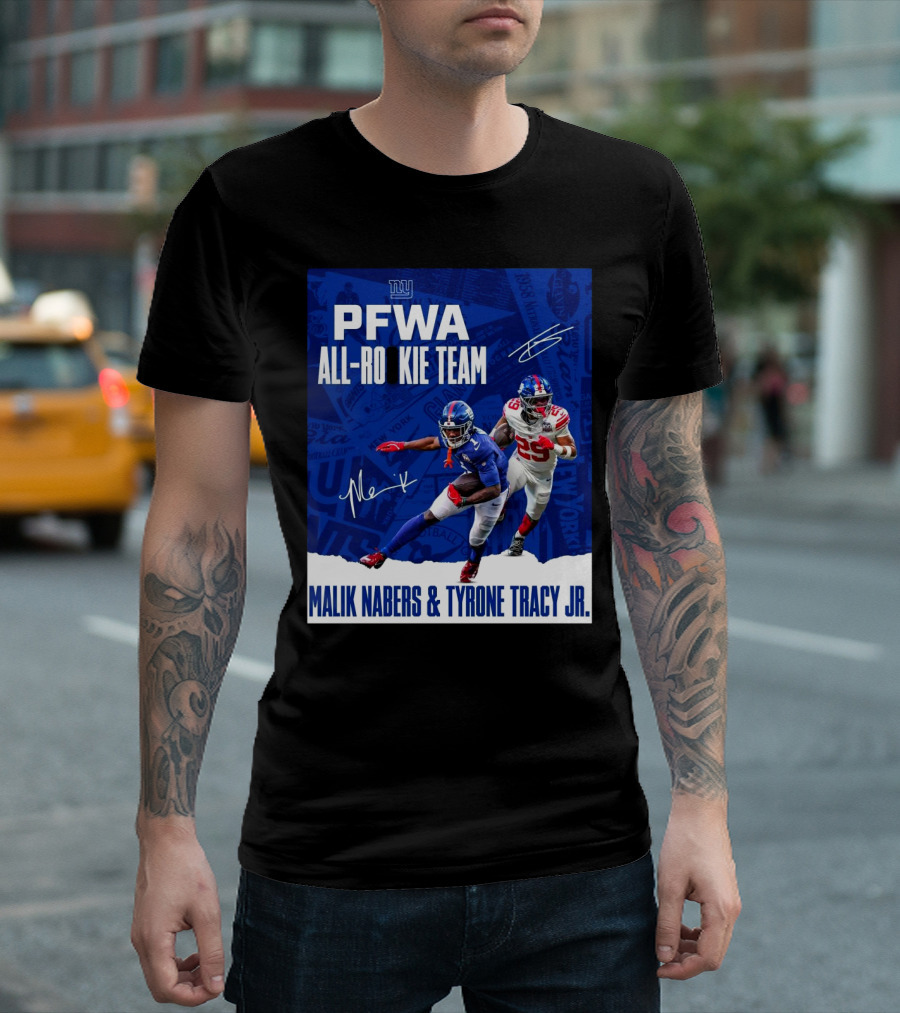 New York Giants PFWA All-Rookie Team Malik Nabers Tyrone Tracy Jr Signatures T-Shirt