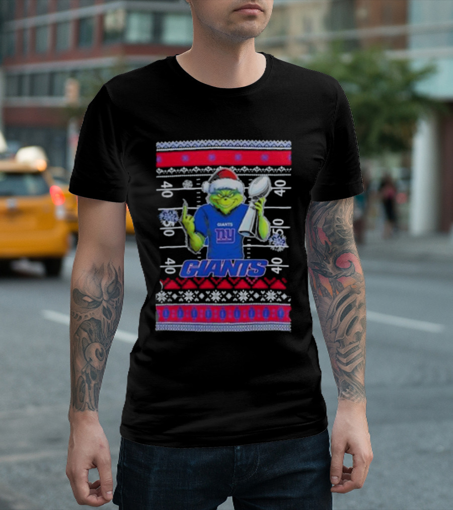 New York Giants Grinch Christmas with Lombardi Trophy Ugly Sweater T-Shirt