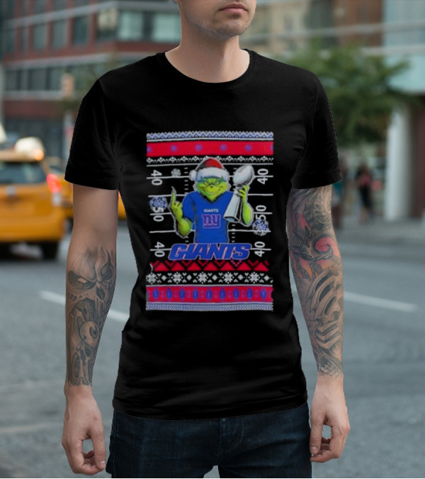 New York Giants Grinch Christmas With Lombardi Trophy Ugly Sweater T-Shirt