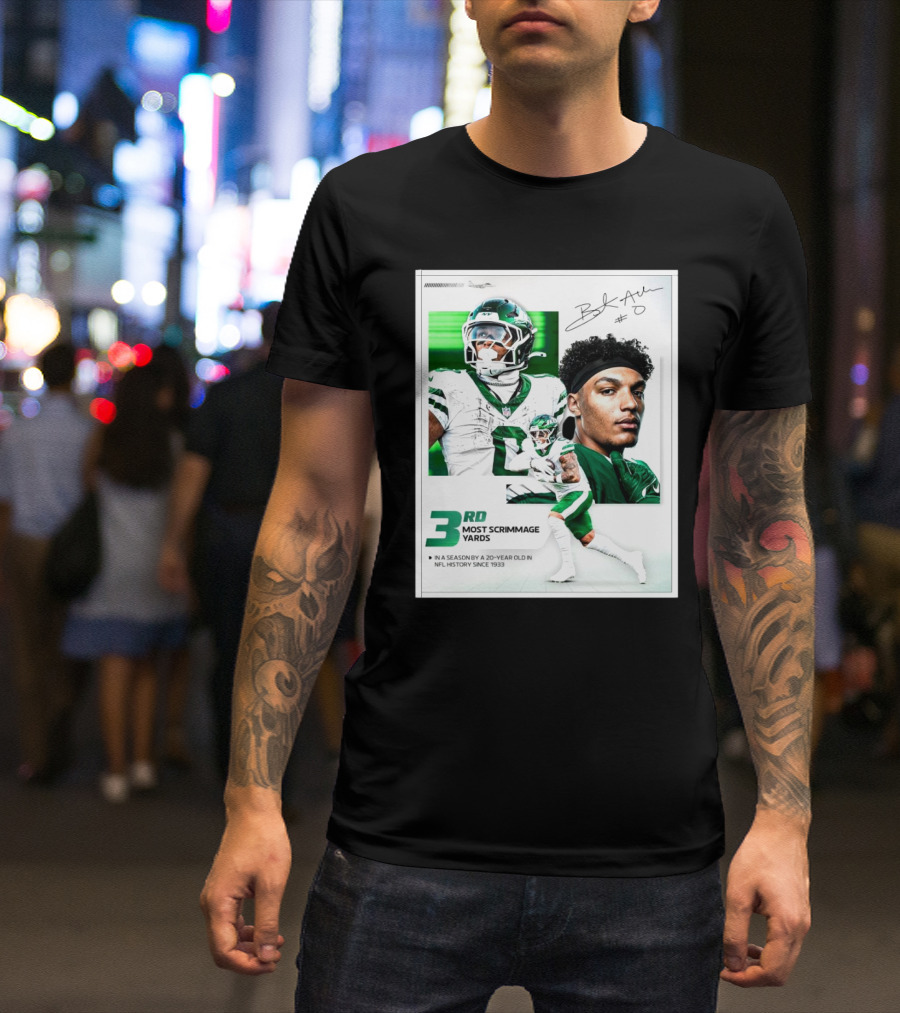 New York Jets Braelon Allen 3rd Most Scrimmage Yards Season 20-Year Old NFL History Since 1933 Signature T-Shirt