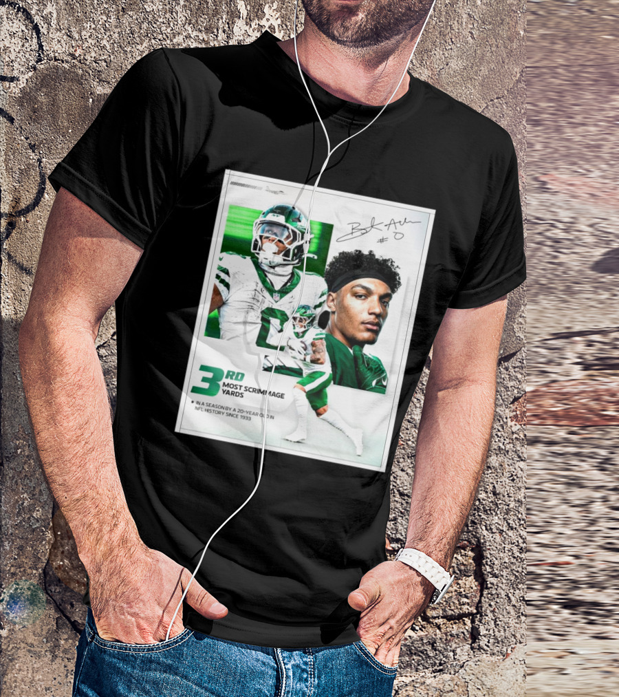 New York Jets Braelon Allen 3rd Most Scrimmage Yards Season 20-Year Old NFL History Since 1933 Signature T-Shirt